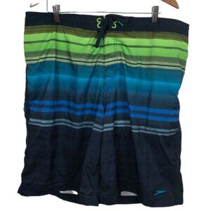 SPEEDO Men’s Swim Surf Trunk Board Shorts XL Green Teal Blue Black Striped EUC!